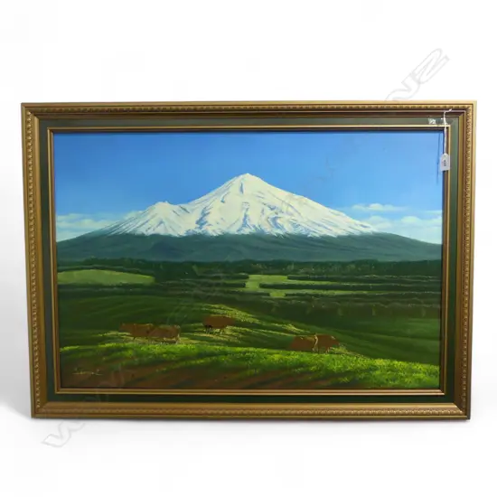 SIGNED SANCHEZ COWS IN A LANDSCAPE ACRYLIC ON VELVET AND BOARD SIGNED 570 X 850 MM 