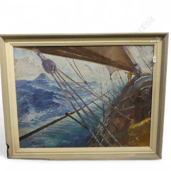 SIGNED FLEMING STORMY SEAS OIL ON BOARD SIGNED 590 X 670 MM