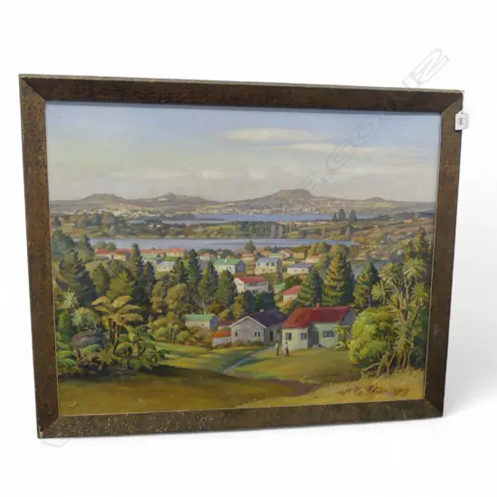 LOUISE B. CASBOLT 'WINTER SUNSHINE, AUCKLAND FROM CROWN HILL MILFORD' OIL ON BOARD '58 590x740mm