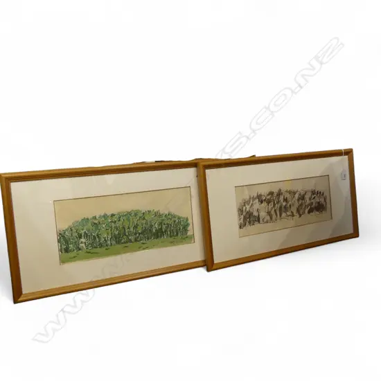 2 FRAMED PAINTINGS, SIGNED KAZU?, 155x385mm