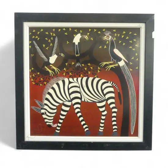 SIGNED A. RASHITOI untitled ZEBRA & 3 BIRDS OIL ON BOARD  570 x 575mm