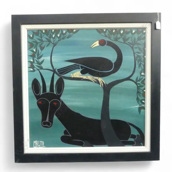 SIGNED MRUTA  AFRICAN ANIMALS ENAMEL ON BOARD ARTWORK 575x570mm small crack repair