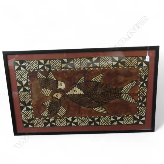 FRAMED TAPA CLOTH, BIRDS, FISH & GRID SURROUND