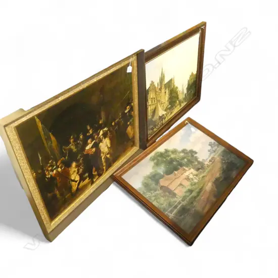 THREE DECORATIVE FRAMED PRINTS INCL REMBRANDT NIGHT WATCH AND ROBERT GALLON ENGLISH COUNTRYSIDE