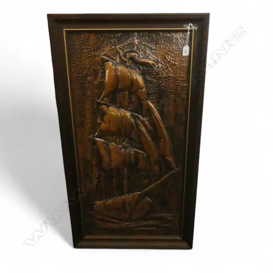 MID CENTURY BEATEN COPPER PANEL OF A SHIP IN RELIEF