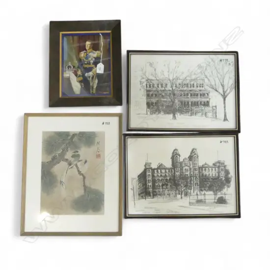 4 ARTWORKS; 2 PRINTS OF MELBOURNE 260x370mm, ORIENTAL BIRDS ON FABRIC, EDWARD VIII