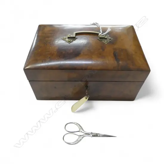 VICTORIAN FIGURED WALNUT WORK BOX veneer chipping pieces inside. Red silk quilted lining. With key W.200mm