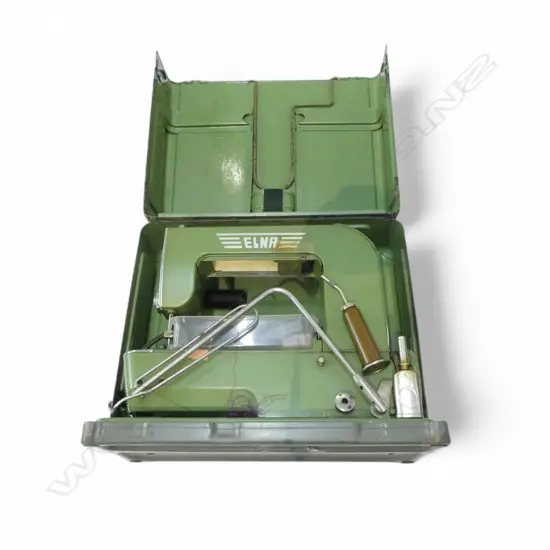 VINTAGE ELNA SEWING MACHINE W. ACCESSORIES +  METAL CASE