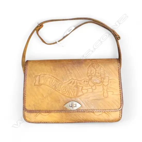 VINTAGE hand made 'YUKON' CARVED LEATHER HAND BAG man panning gold + roses