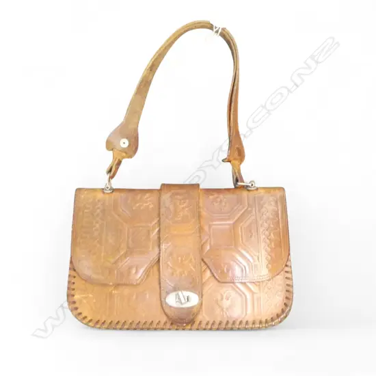 VINTAGE HAND MADE PRESSED PATTERN LEATHER HANDBAG: dragon + Pegasus + standing lions etc.