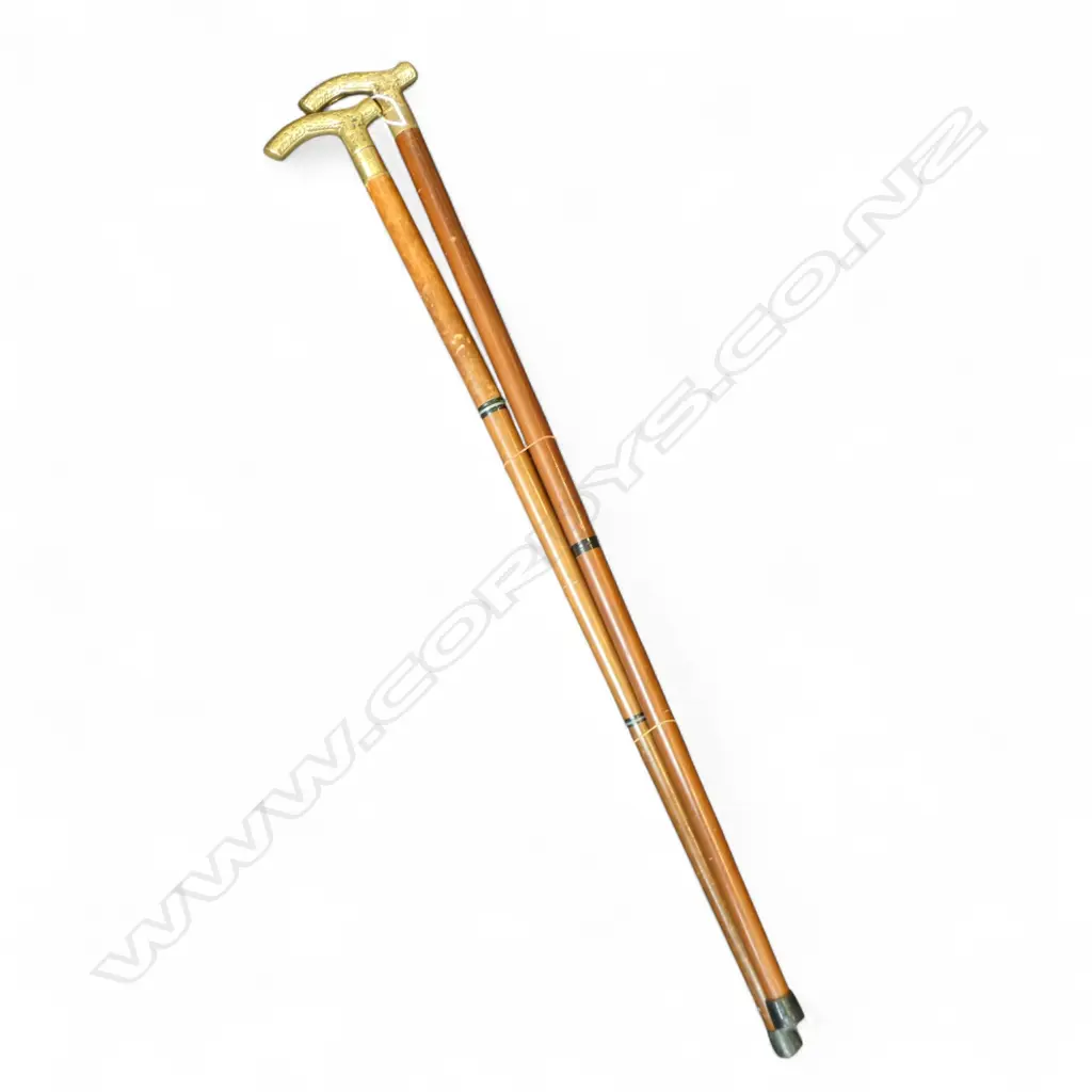 2 BRASS HANDLED HANDLED WALKING STICKS: CLASSICAL STYLE. 1 unscrews 1 a little loose Image 1++
