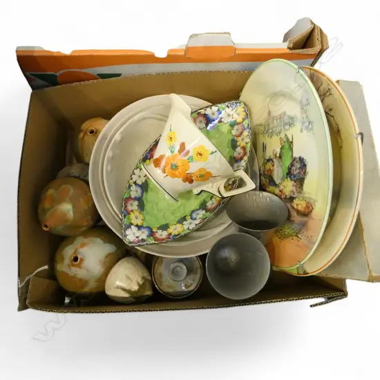 ASST. INCLDS; 2 ROYAL DOULTON CABINET PLATES, BURLEIGH WARE JUG & NZ POTTERY PCS ETC