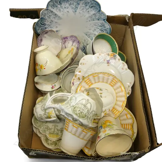 BOX LOT ASSORTED VINTAGE CHINA CSPS ETC