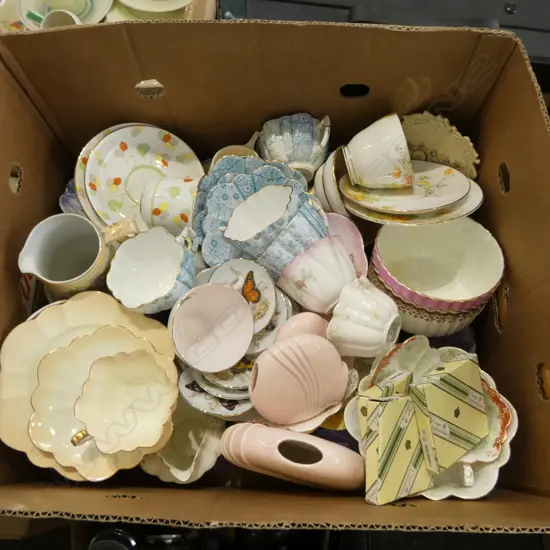 BOX LOT MIXED TEASETS CSPS DISHES ETC
