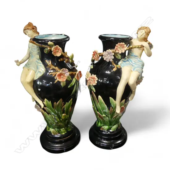 PAIR OF DECORATIVE FAIENCE VASES DEPICTING CLASSICAL WOMEN AND FOILAGE 440 mm (H) EACH)