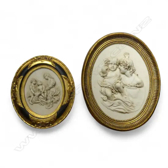 20th C.PAIR OF DECORATIVE COMPOSITE PANELS OF MARY AND JESUS HOUSED IN GILT FRAMES 330 x 360 mm (INCL FRAMES EACH)