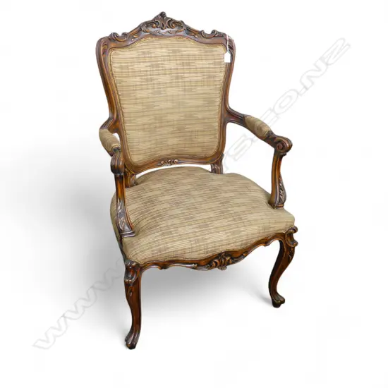 MID 20thC FRENCH FAUTEUIL ARMCHAIR classically carved frame. Gold patterned silk? upholstery