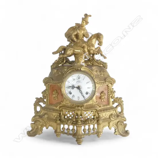 FRENCH GILT METAL FIGURAL MANTLE CLOCK H410MM
