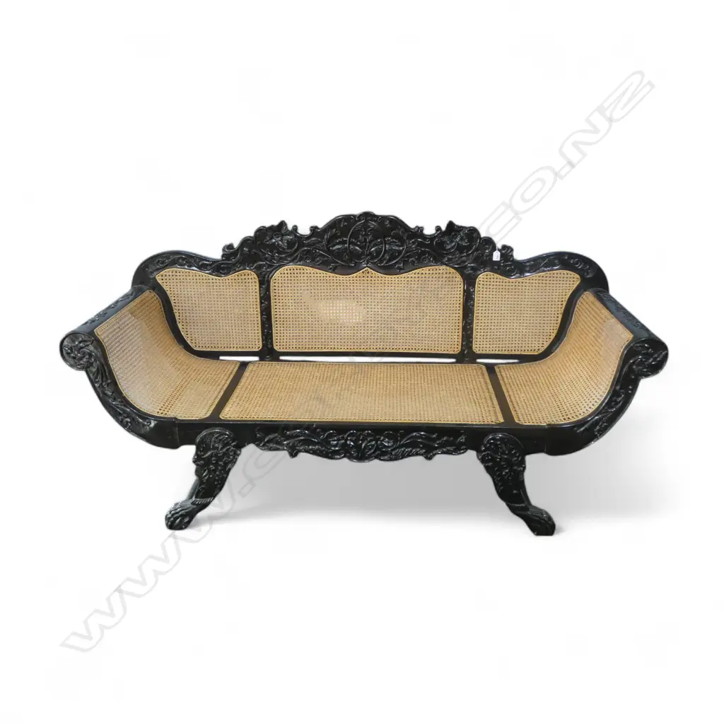 EARLY 20thC HEAVY SOLID CARVED EBONY ANGLO INDIAN PARLOUR SETTEE WITH WYCOMBE CANE loose cushions Image 1++