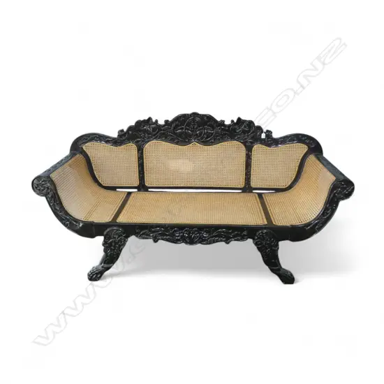 EARLY 20thC HEAVY SOLID CARVED EBONY ANGLO INDIAN PARLOUR SETTEE WITH WYCOMBE CANE loose cushions
