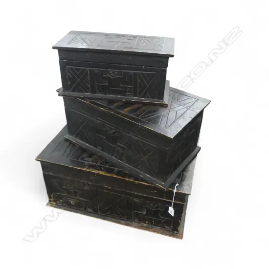 THREE GRADUATED CARVED BOXES 385x570x260mm aztec style motif