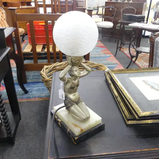FRENCH ART DECO TABLE LAMP; METAL FIGURE, MARBLE & ONYX BASE H.355mm