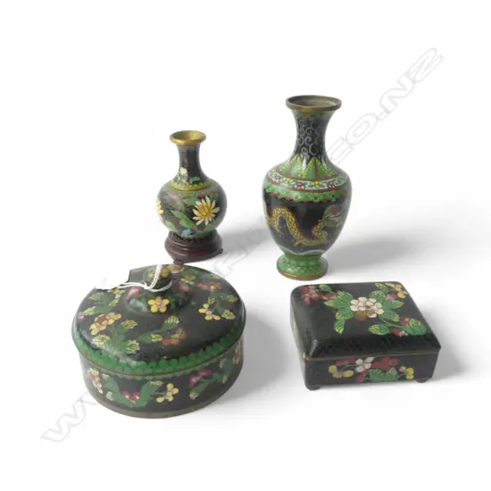 4 PCES CLOISONNE; 2 LIDDED CONTAINERS 125mm dia, 2 VASES H.165mm
