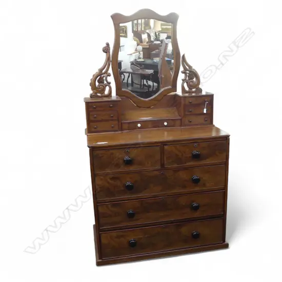 VICTORIAN COMBINATION FLAME MAHOGANY CHEST / DRESSING TABLE 1100x550x1920mm