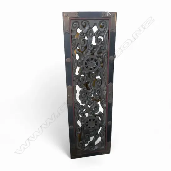 LARGE OLD JAPANESE DEEPLY CARVED & PIERCED PANEL scrolling clouds with 2 raised octagonal bosses  L,1590mm