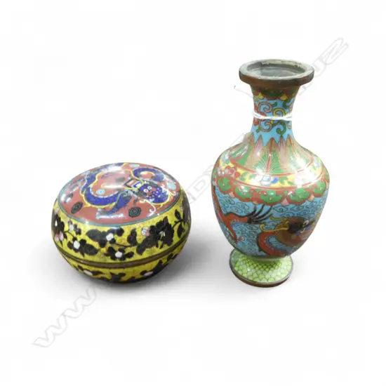 2 PCES CLOISONNE; LIDDED CONTAINER (LOSSES) & VASE H.135mm