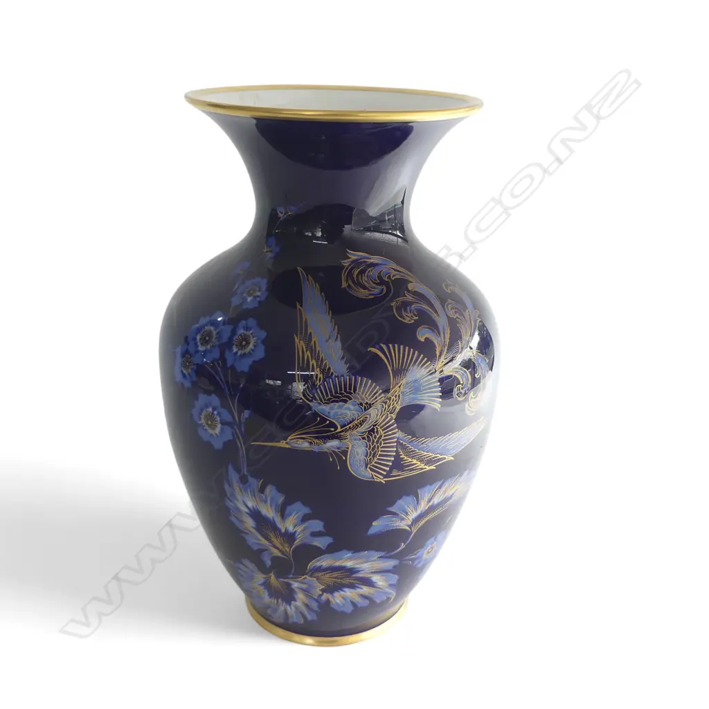 LARGE PORCELAIN BAVARIA SCHUMANN ARZBERG COBALT BLUE VASE exotic bird & florals gilt highlights H.380mm Image 1++