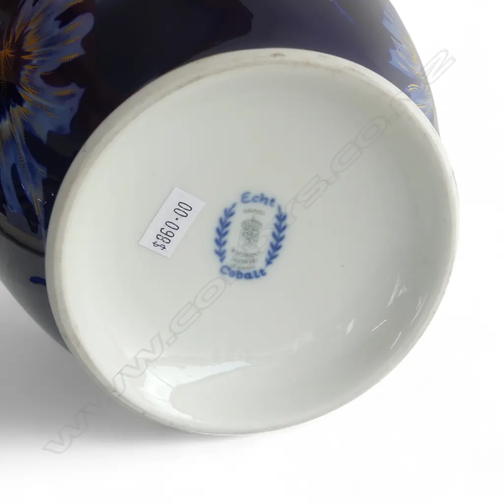 LARGE PORCELAIN BAVARIA SCHUMANN ARZBERG COBALT BLUE VASE exotic bird & florals gilt highlights H.380mm Image 1++