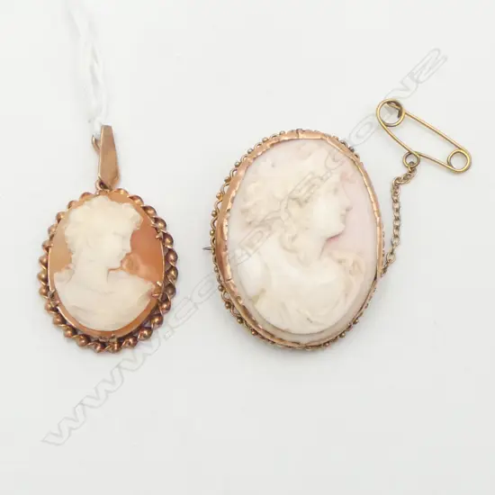 2 GOLD CAMEOS; LARGER 35x30mm STAMPED 9CT one with faults