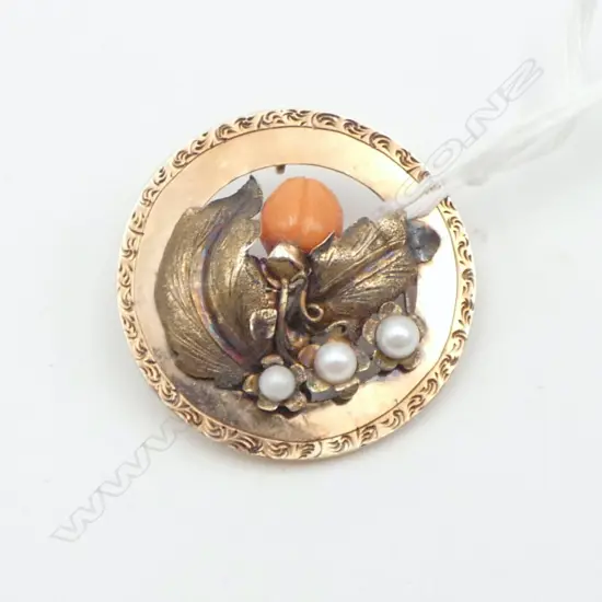 EARLY 20thC 9CT ROSE GOLD PENDANT / BROOCH w. CORAL & PEARLS 30mm dia, 5.1gms