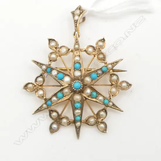 9CT GOLD PEARL AND TURQUOISE BROOCH/PENDANT 5.09gms