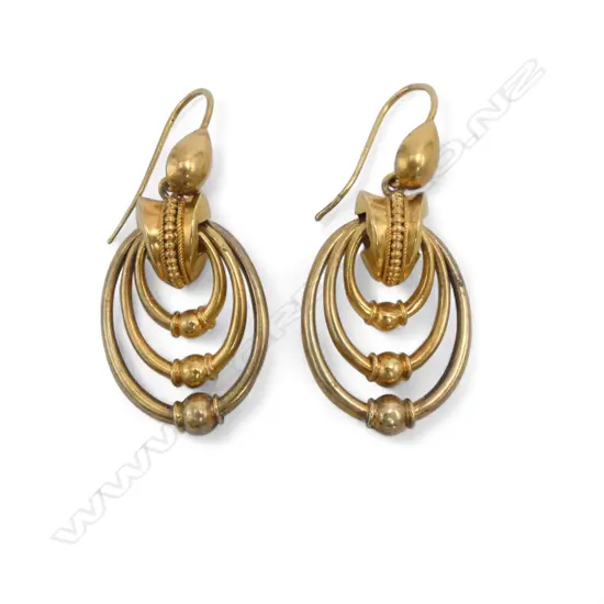 Victorian 9ct gold triple hanging hoop earrings 3.9gms