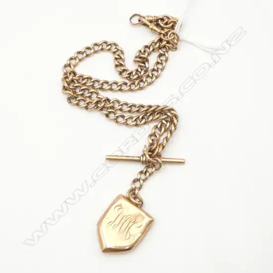 9ct ROSE GOLD CURB LINK ALBERT CHAIN w T-BAR + LOCKET L.460mm