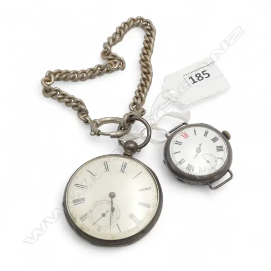2 OLD SILVER WATCHES: c.1920 WRISTWATCH running hands a.f + 19thC POCKET WATCH w plated ? chain 