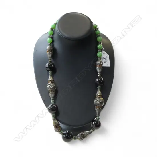 VINTAGE TRIBAL NECKLACE. Asst. beads :lge dark + white metal + green L.640mm