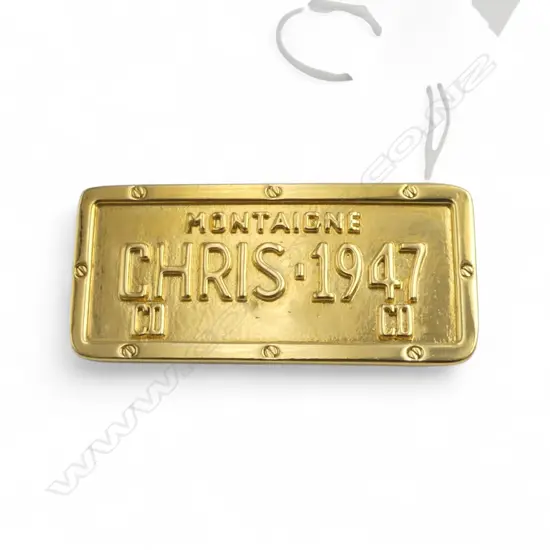 CHRISTIAN DIOR by JOHN GALLIANO CADILLAC LICENSE PLATE BROOCH, GOLD TONE as seen on 1stdibs