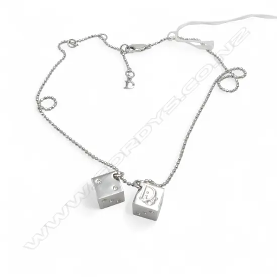 CHRISTIAN DIOR DICE CHARM NECKLACE, silver plated w crystals, L.400mm