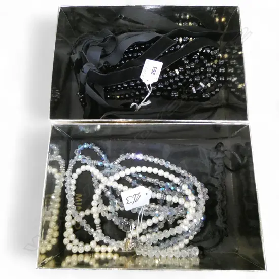 2 MULTI STRAND MIMCO COSTUME NECKLACES; CRYSTAL & PEARL & BLK GLASS/CRYSTAL & RIBBON