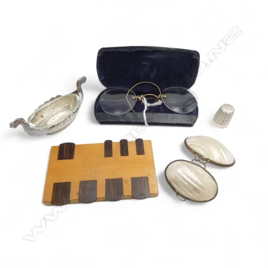 SILVER PLATE THIMBLE in sea shell case + 'The Camden Whist Marker' + Galleon salt + old Spectacles  