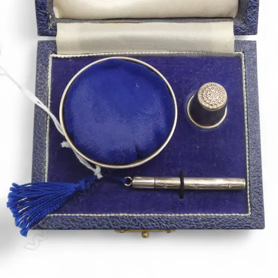 BLUE BOXED SILVER SEWING SET pin cushion + needle case + thimble