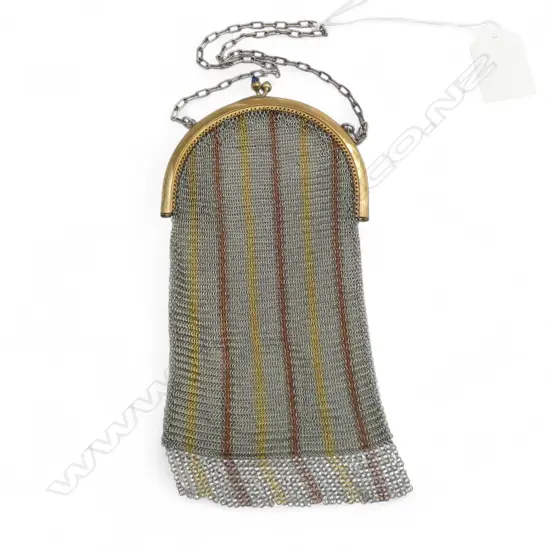 VINTAGE CHAIN MESH PURSE striped decoration. brass frame w blue stone clasps. Silver chain handle