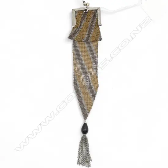 ART DECO striped MESH PURSE stone set clasp. Small with long mesh & gem pendant tassel to base