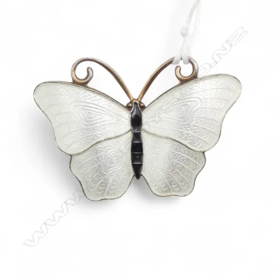 VINTAGE 'STERLING NORWAY' WHITE & BLACK ENAMEL BUTTERFLY BROOCH