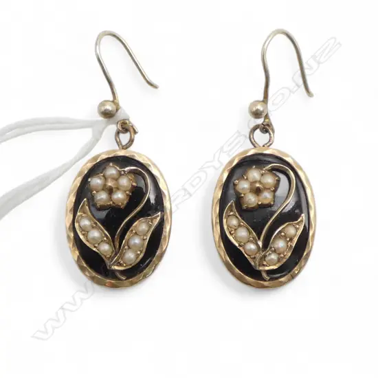 VICTORIAN PR GOLD & ROLLED GOLD SEED PEARL & BLACK ENAMEL EARRINGS
