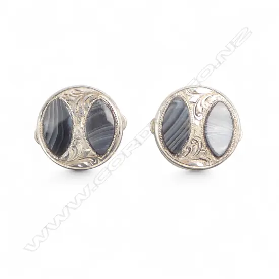 PR c.1900 SILVER & BANDED AGATE SHIRT STUDS 'Perfect Action'