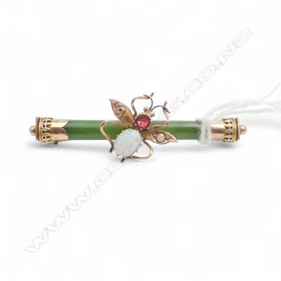 9CT POUNAMU OPAL cabochon RUBY SEED PEARL INSECT BROOCH 1 pearl missing